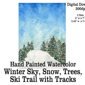 Ski Trail Mountain Trees Clipart Hand Painted Watercolor Printable Winter Sky Snow Ski Tracks Digital Download Ski Mountain Card Background