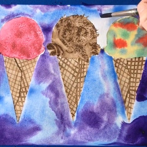 Kids Art Lesson Watercolor Ice Cream Cones Step by Step Painting Project Printable Instructions for Beginners Summer Art Tutorial Handout image 5