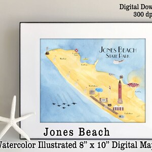 Jones Beach Mapa Acuarela Mapa Ilustrado Long Island Beach NY / 8" x 10" Acuarela Descarga Digital Seaside Art State Park Decoración Costera