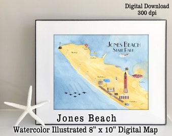 Jones Beach Map Watercolor Illustrated Map Long Island Beach NY | 8" x 10" Watercolor Digital Download Seaside Art State Park Coastal Decor