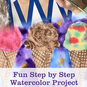 Kids Art Lesson Watercolor Ice Cream Cones Step by Step Painting Project Printable Instructions for Beginners Summer Art Tutorial Handout image 4