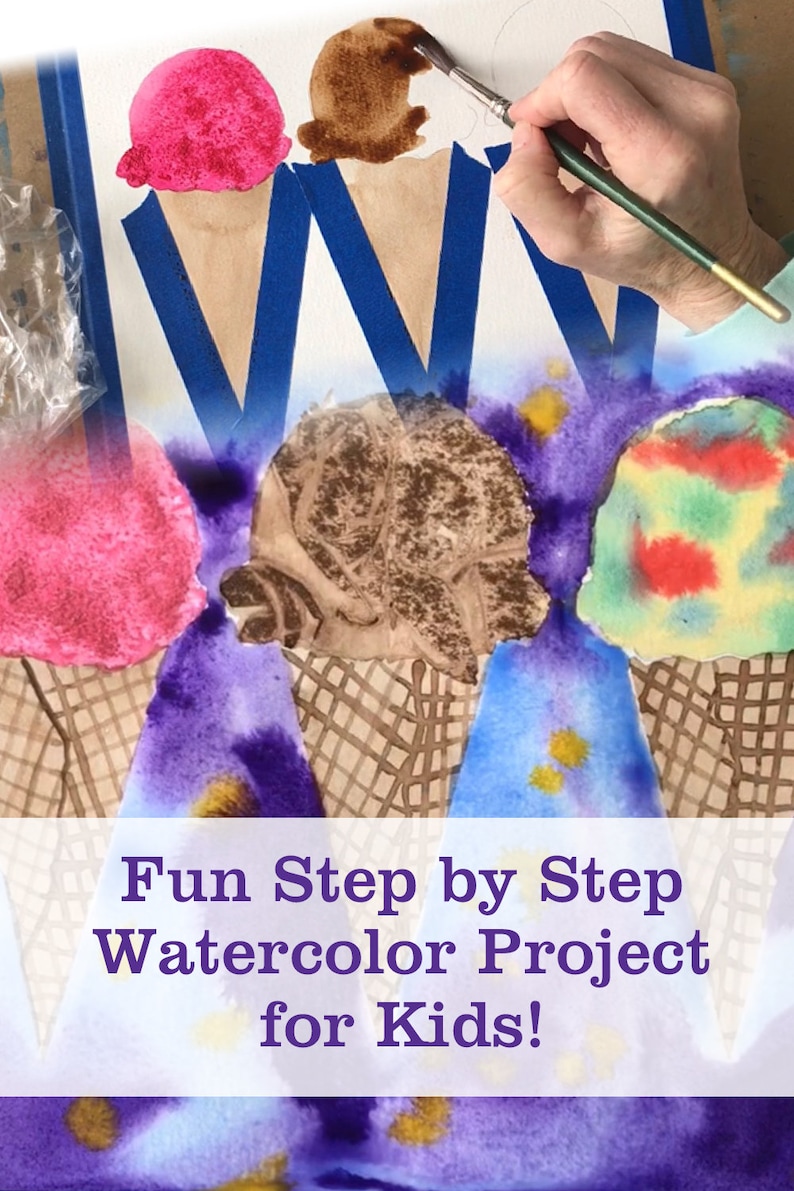 Kids Art Lesson Watercolor Ice Cream Cones Step by Step Painting Project Printable Instructions for Beginners Summer Art Tutorial Handout image 4