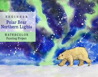 Beginner Watercolor Polar Bear Northern Lights Painting Tutorial | How to Paint in Watercolor Kids Watercolor Printable Painting Art Lesson