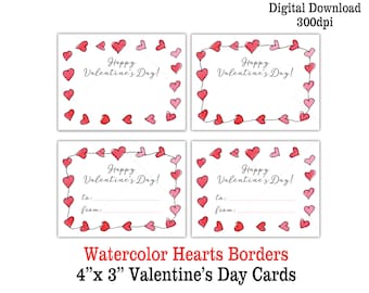 Printable Valentine's Day Whimsical Watercolor Hearts Cards | Digital Download Kids Valentines Gift Tags