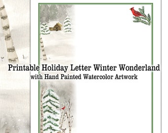 Printable Holiday Letter Winter Wonderland Border Digital Download Christmas Letter Card Snowy Cabin in the Woods Cardinal Chickadee Deer