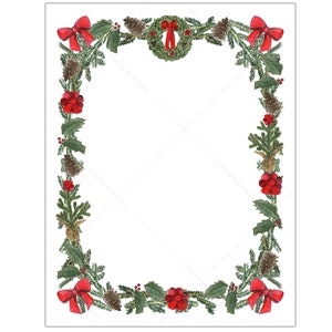May include: Watercolor illustration of a Christmas border. The design features a frame of green pine branches, red bows, holly, pinecones, and berries. A small wreath is at the top center. The background is white.