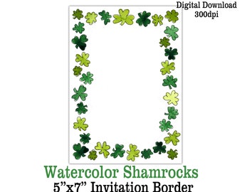 Printable St. Patrick's Day Watercolor Shamrocks 5" x 7" Card Border Digital Download Shamrock Invitation Background