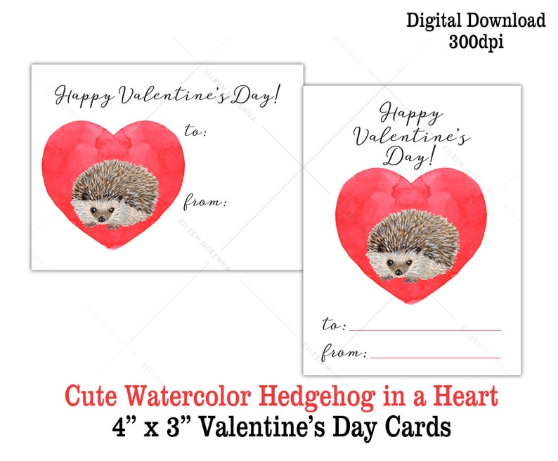 Hedgehog Printable Valentine's Day Cards Cute Hedgehog in a Heart Valentines for Boys Girls Digital Download Valentine Kids image 1