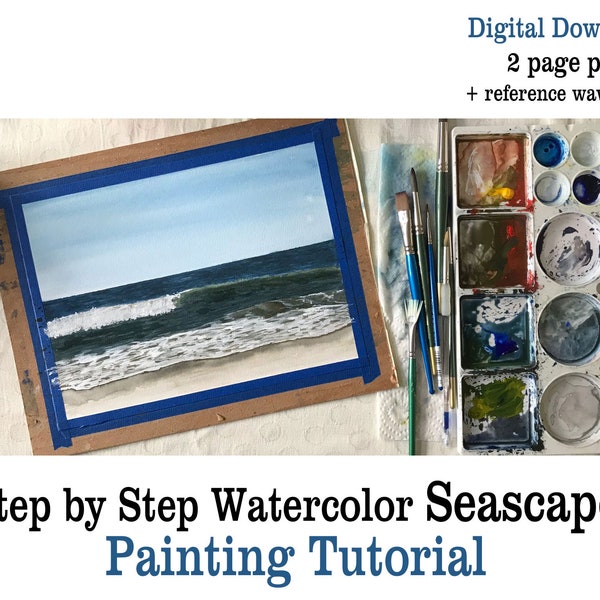 Watercolor Seascape Lesson Printable Tutorial | How to Paint Ocean Waves PDF Step by Step Instructions plus Reference Photo