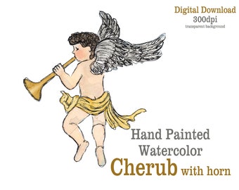 Cherub Angel Clipart Watercolor Holiday Art Cherub with Horn Digital Download Christmas Angel Clipart