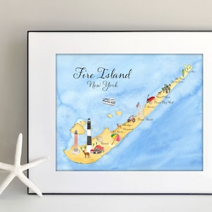 Carte de Fire Island Carte illustrée à l'aquarelle Long Island Beach NY | 8 "x 10" aquarelle numérique Télécharger bord de mer Art carte Coastal Decor