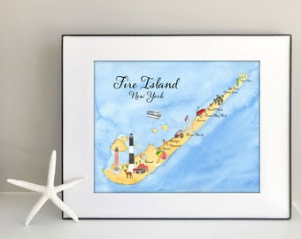 Fire Island Map Watercolor Illustrated Map Long Island Beach NY | 8" x 10" Watercolor Digital Download Seaside Art Map Coastal Decor