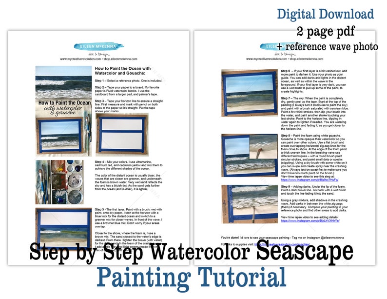 Watercolor Seascape Lesson Printable Tutorial How to Paint Ocean Waves PDF Step by Step Instructions plus Reference Photo image 3