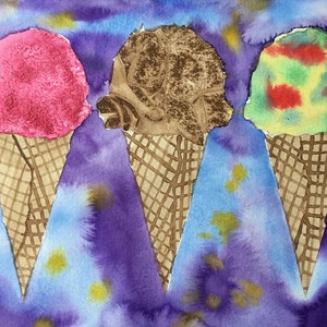 Kids Art Lesson Watercolor Ice Cream Cones Step by Step Painting Project Printable Instructions for Beginners Summer Art Tutorial Handout