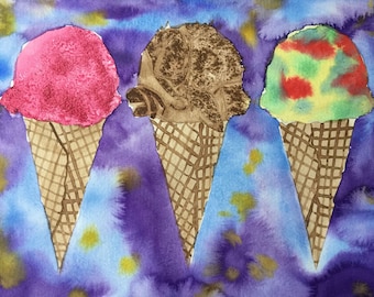 Kids Art Lesson Watercolor Ice Cream Cones Step by Step Painting Project Printable Instructions for Beginners Summer Art Tutorial Handout