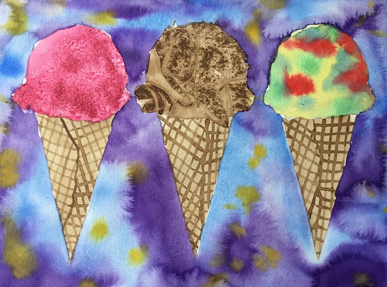 Kids Art Lesson Watercolor Ice Cream Cones Step by Step Painting Project Printable Instructions for Beginners Summer Art Tutorial Handout image 1