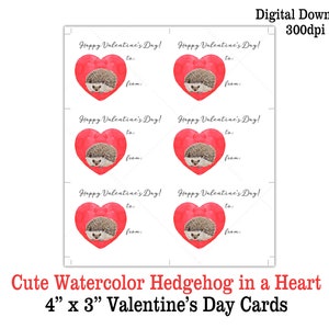 Hedgehog Printable Valentine's Day Cards Cute Hedgehog in a Heart Valentines for Boys Girls Digital Download Valentine Kids image 3