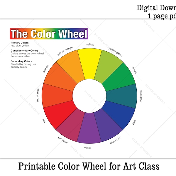 Printable Color Wheel Kids Art Class Teaching Asset Digital Download Color Wheel Art Reference Sheet
