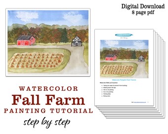 Fall Watercolor Painting Project | Kids Fall Farm Watercolor Art Lesson | Pumpkin Painting Printable Instructions Painting Tutorial Handout