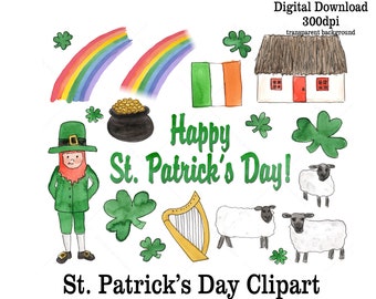 St. Patrick's Day Clipart | Hand Painted Watercolor Leprechaun Rainbow Pot of Gold Digital Download