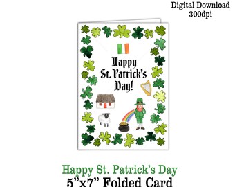 Happy St. Patrick's Day Printable Card 5 x 7 Folded Card Leprechaun Shamrock Artwork Digital Download Card