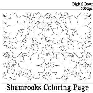May include: A black and white coloring page featuring a pattern of shamrocks of various sizes. The shamrocks are arranged in a symmetrical pattern, with the largest shamrocks in the center and the smallest shamrocks around the edges. The page is titled "Shamrocks Coloring Page".
