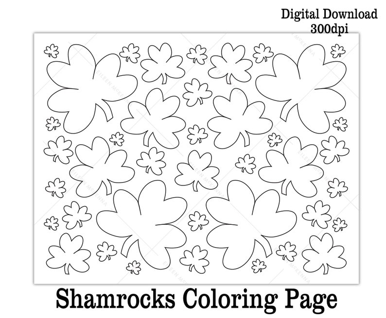 May include: A black and white coloring page featuring a pattern of shamrocks of various sizes. The shamrocks are arranged in a symmetrical pattern, with the largest shamrocks in the center and the smallest shamrocks around the edges. The page is titled "Shamrocks Coloring Page".
