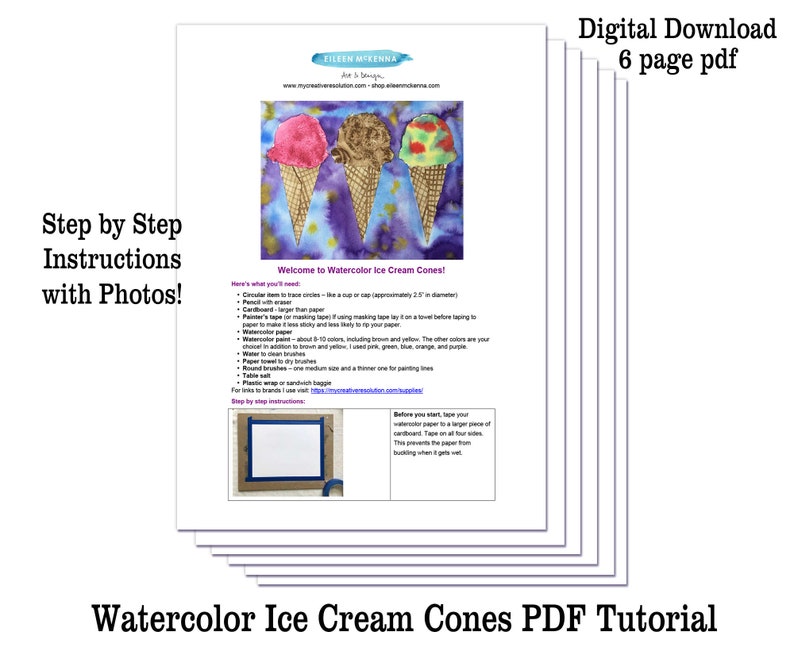 Kids Art Lesson Watercolor Ice Cream Cones Step by Step Painting Project Printable Instructions for Beginners Summer Art Tutorial Handout image 3