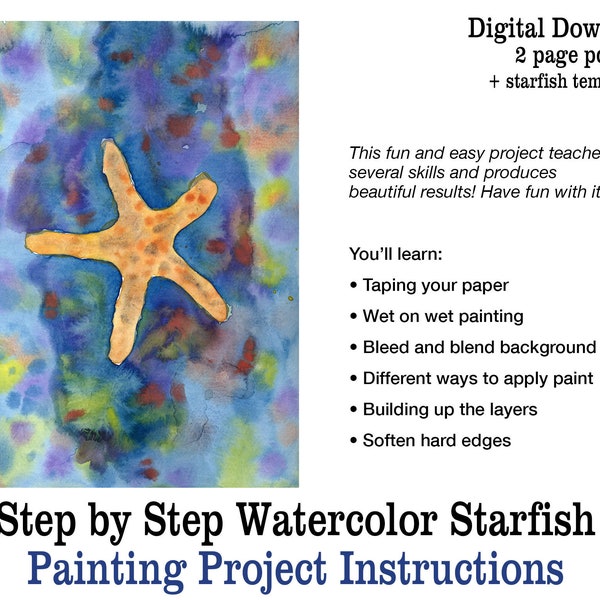 Beginner Watercolor Project | How to Paint with Watercolor | Starfish Painting Lesson Printable Step by Step Summer Art Tutorial