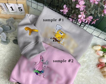 Handmade Spon.ge.Bob and Pa.tri.ck Embroidered Sweatshirt, Couple Crewneck T-Shirt Hoodie Couple Matching Sweater Anniversary