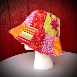 Upcycled Patchwork Bucket Hat – Orange Pink Retro Cotton Wearable Art