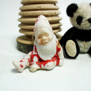 Small Christmas Elf antique porcelain  figure, antique German miniature sitting Dwarf, Xmas  or Cake decoration, 1.22&quot; - 31 mm