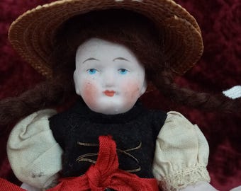 Limbach German all bisque Lady Doll, Bavarian style doll,  all bisque porcelain miniature, Germany, dollhouse size, 16.5 cm / 6.5 "