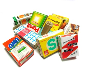 Vintage Doll Shop Grocery store items, Doll Shop Miniature Food and Drink boxes, dollhouse accessories, 50s 60s Germany