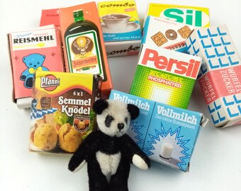 Vintage Grocery store items, Doll Shop Miniature Food and Drink boxes, dollhouse accessories, 50s 60s Germany