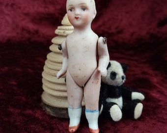 Antique Dollhouse doll, small antique German all bisque porcelain miniature, boy or girl, painted, Hertwig  , 8.5 cm / 3.4"