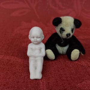 Antique German Bisque Bathing Naddy Doll, 33mm - 1.3" , Sitting Frozen Hertwig Miniature