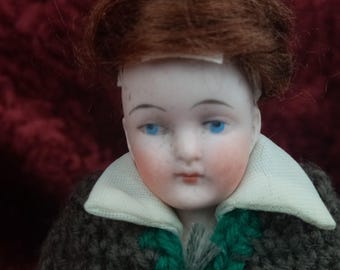 Antique German all bisque Boy doll, Bavarian style doll,  all bisque porcelain miniature, Germany, dollhouse size, 15 cm / 5.9 "