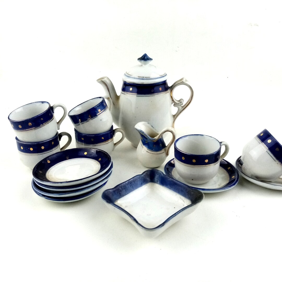 Antique German Tea Set, 1910 Cobalt Gold Glazed Porcelain, Miniature Tea Set for 6 , Coffee Set