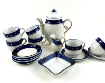 Antique  German Tea set, 1910 Cobalt Gold  glazed Porcelain, miniature tea set for 6 , Coffee Set