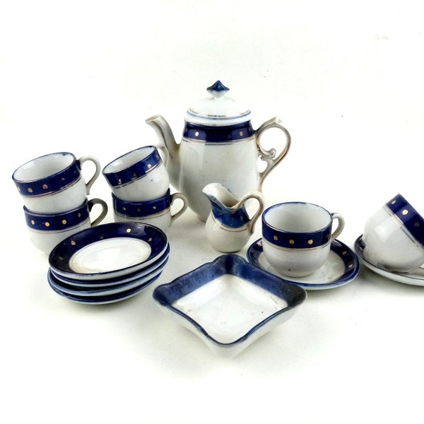 Antique  German Tea set, 1910 Cobalt Gold  glazed Porcelain, miniature tea set for 6 , Coffee Set