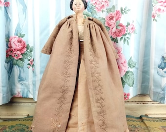 Rare Antique German Biedermeier Milliner Papier Mache Shoulder Head Doll 1840s-1870s Kid Leather Body Wooden Limbs 38cm