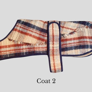 Peut inclure: Un manteau pour chien en plaid avec une bordure bleue et une sangle assortie. Le manteau a une bordure frangée et est fait d'un tissu doux et chaud. "Manteau 2" est écrit sous l'image.