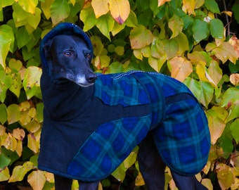 Whippet Fleece Coat, Greyhound Fleece, Fleece Dog coat, Reversible Dog coat, Winter Dog Coat, Snood Neck, Custom Made, Double Tartan Fleece