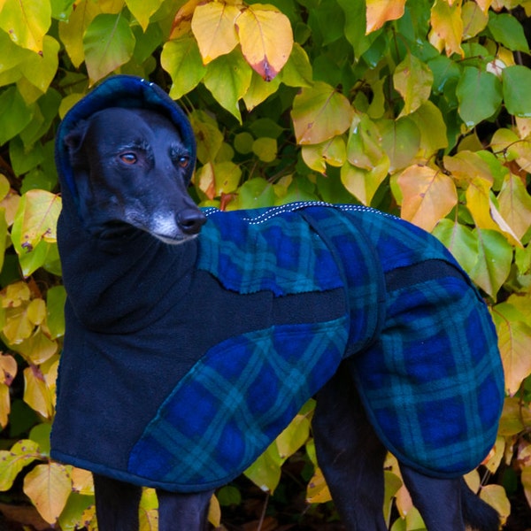 Whippet Fleece Coat, Greyhound Fleece, Fleece Dog coat, Reversible Dog coat, Winter Dog Coat, Snood Neck, Custom Made, Double Tartan Fleece