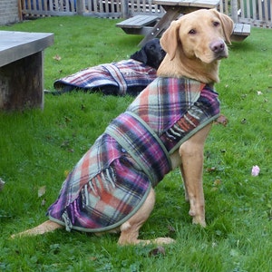 Medium size dog winter coat made from 100% wool recycled blanket, custom made, polar fleece lined for added warmth. Optional snood collar