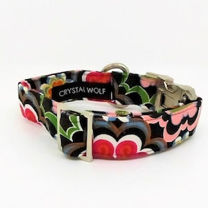 Black Dog Collar, Multi Coloured Flower Power, Classic Collar handmade in the UK, With Optional Swarovski Crystal, Jazzy Floral
