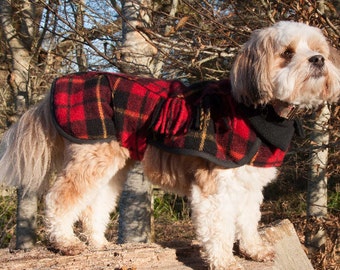 Custom Tartan Wool Dog Coat, Polar Fleece Lined, Winter Snood Collar