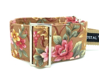 Floral Martingale Dog Collar, Brown Cottage Print, Whippet Greyhound Collar