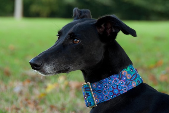 Blue Sea Urchin Fabric Dog Collar, Swarovski Crystals, Martingale Collar